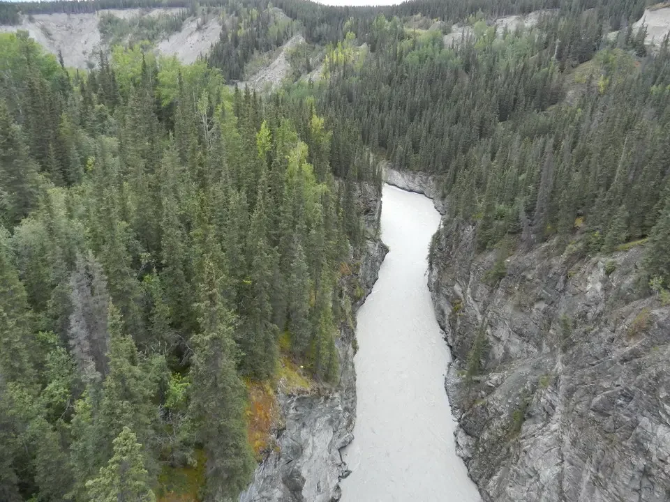 A wide river flows through a forested canyon.