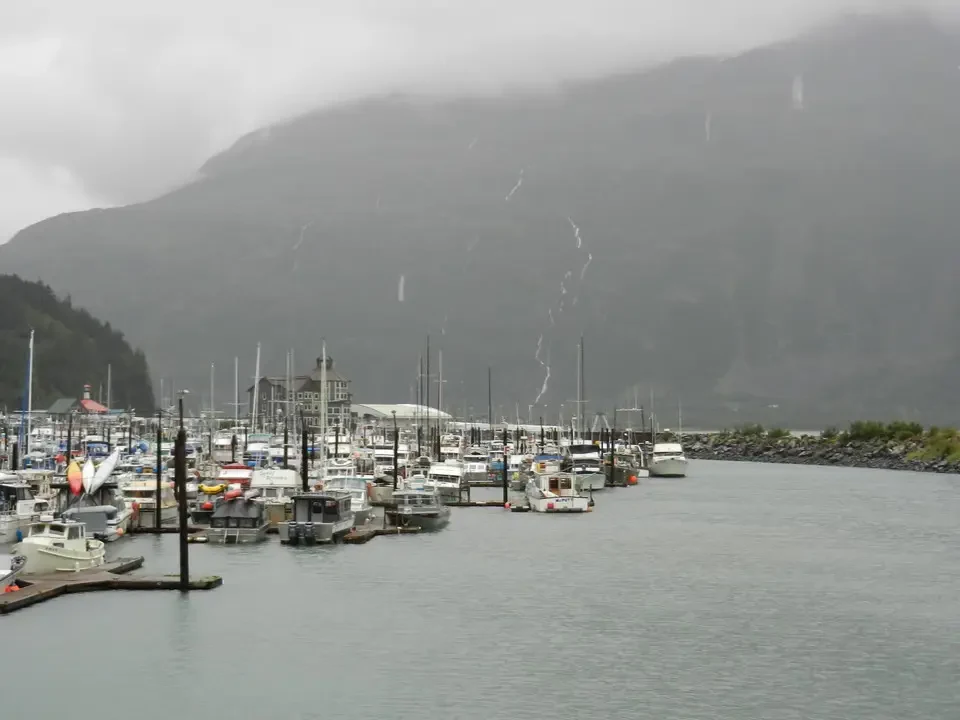 A port with numerous boats is shrouded in dense fog.