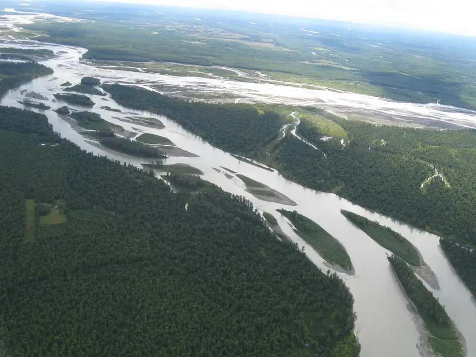 A river flows through a large forested area with islands of land.