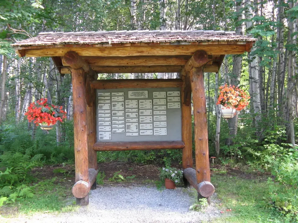 A wooden information board with plaques is placed outdoors.