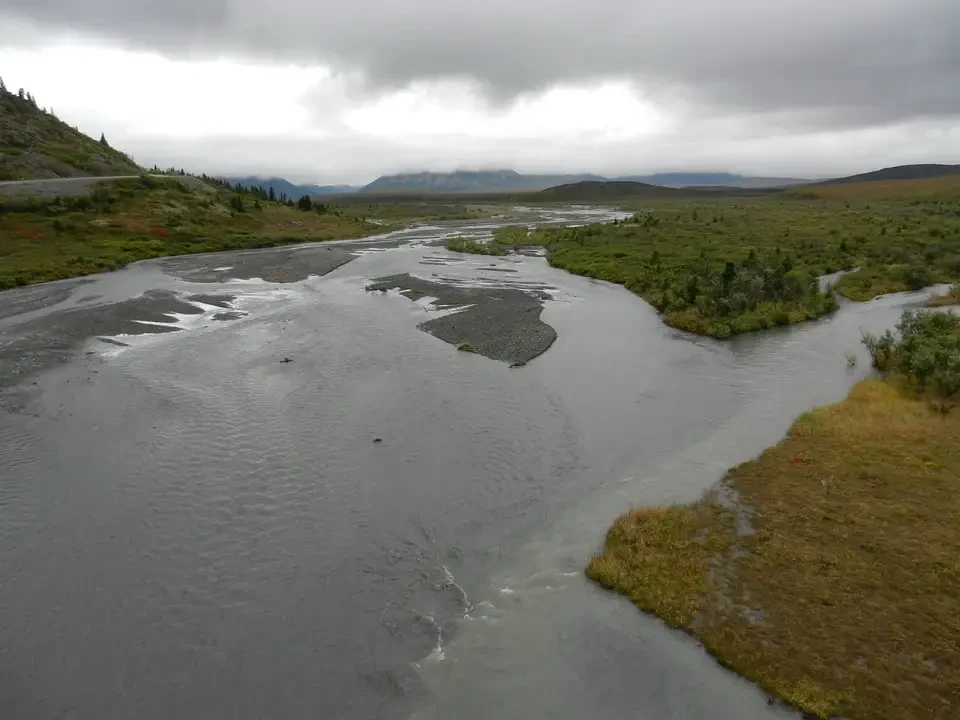 A wide river flows through a forested plain under a cloudy sky.