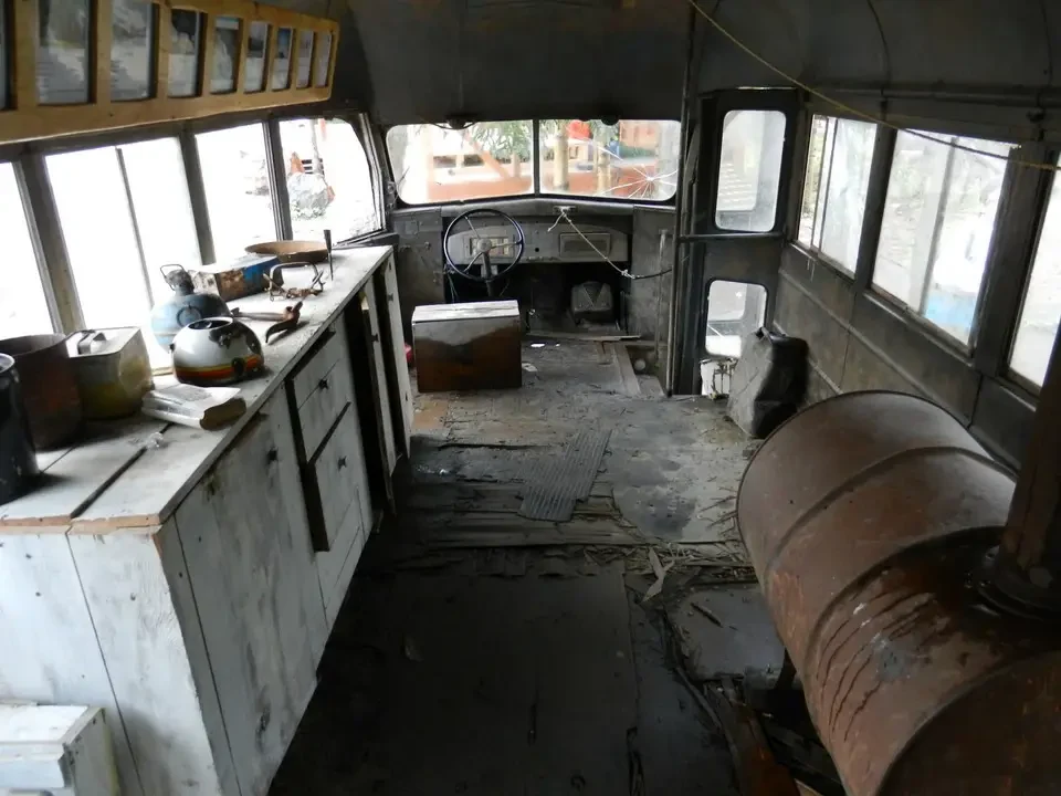 Interior of an old abandoned bus.