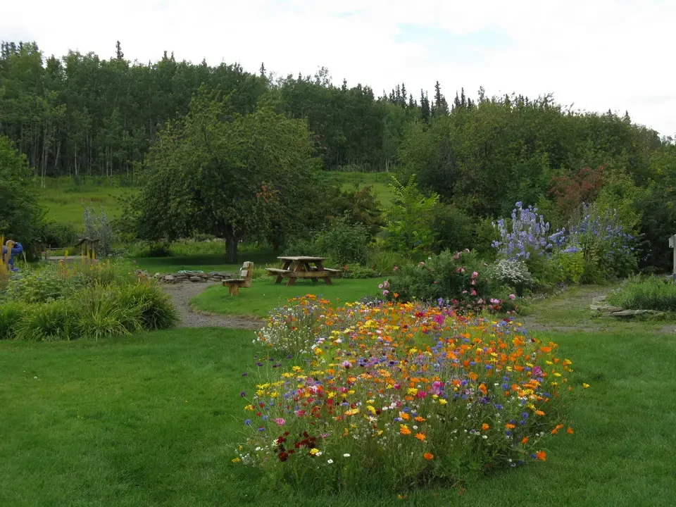 A botanical garden with colorful flowers and trees in the background.