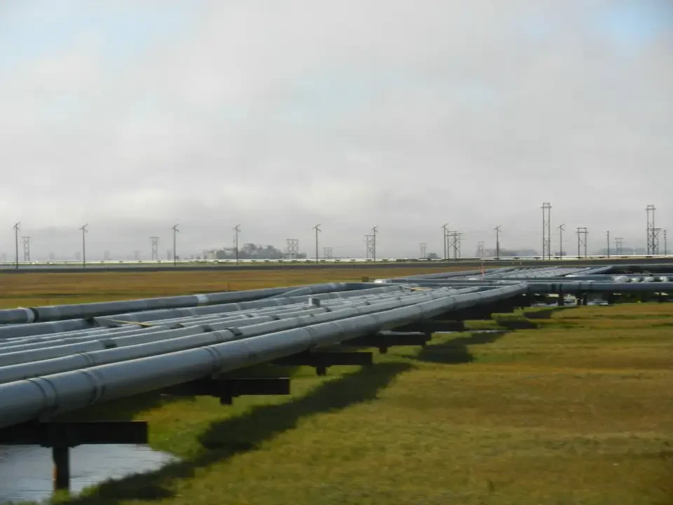 A line of large horizontal tubes stretches across a grassy field under an overcast sky.