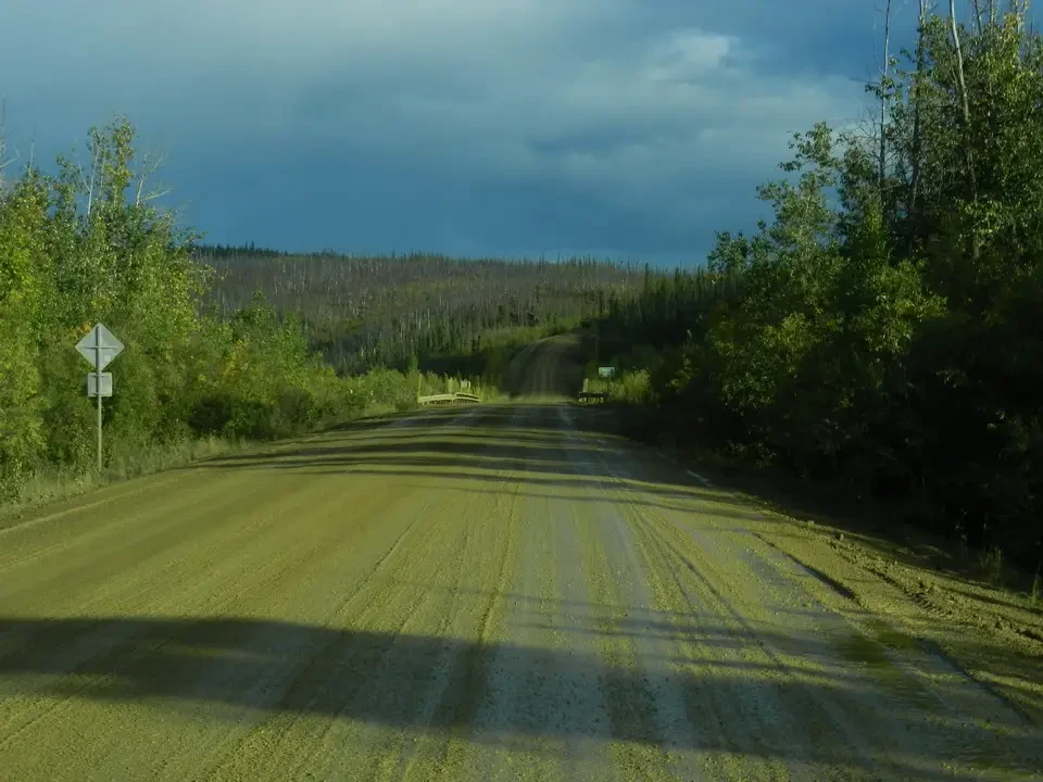 A dirt road crosses a green field with trees on the sides.
