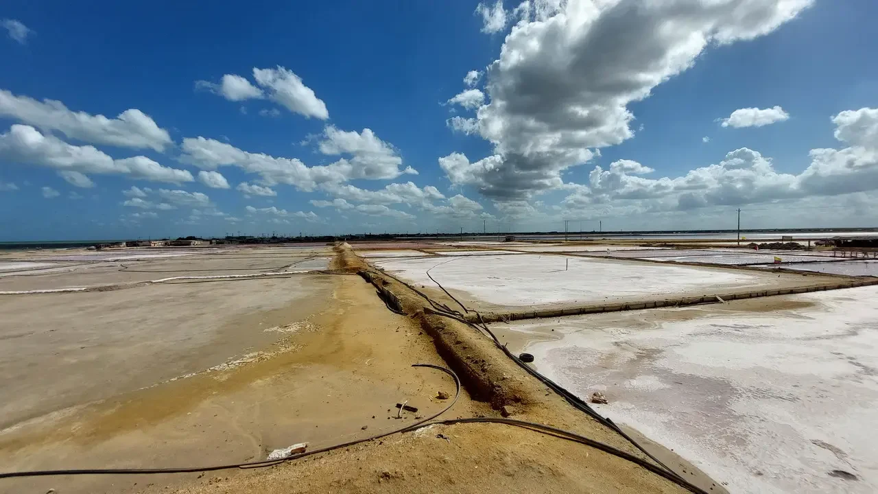 Una vista aerea delle paludi saline in Colombia sotto un cielo azzurro.