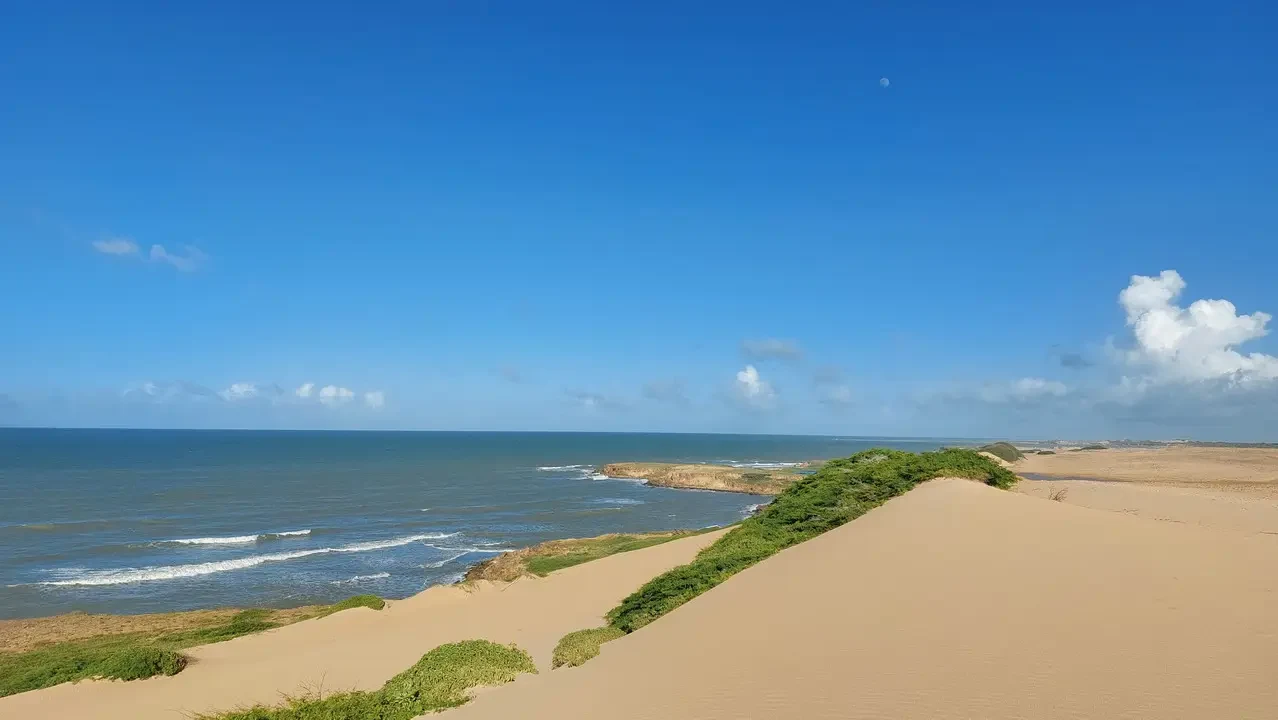 Dune di sabbia e vegetazione costiera lungo la linea dell'oceano in Colombia.