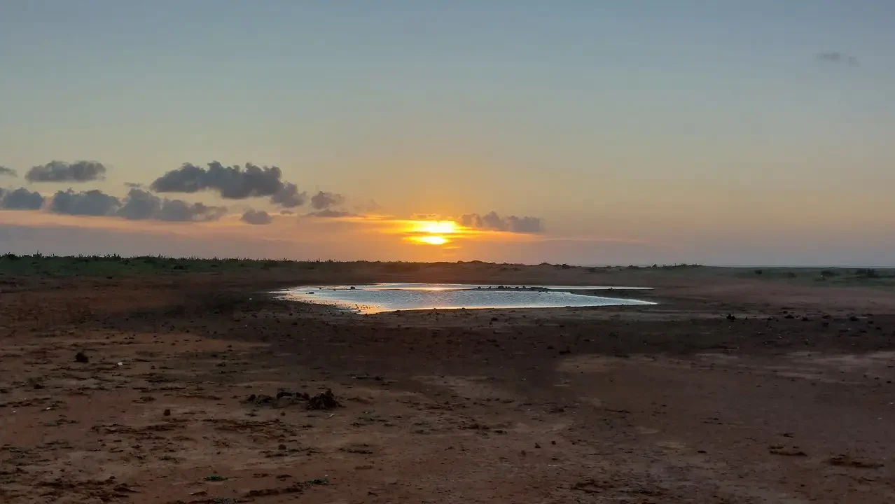 Tramonto su una vasta pianura arida con acqua che riflette la luce dorata del sole.