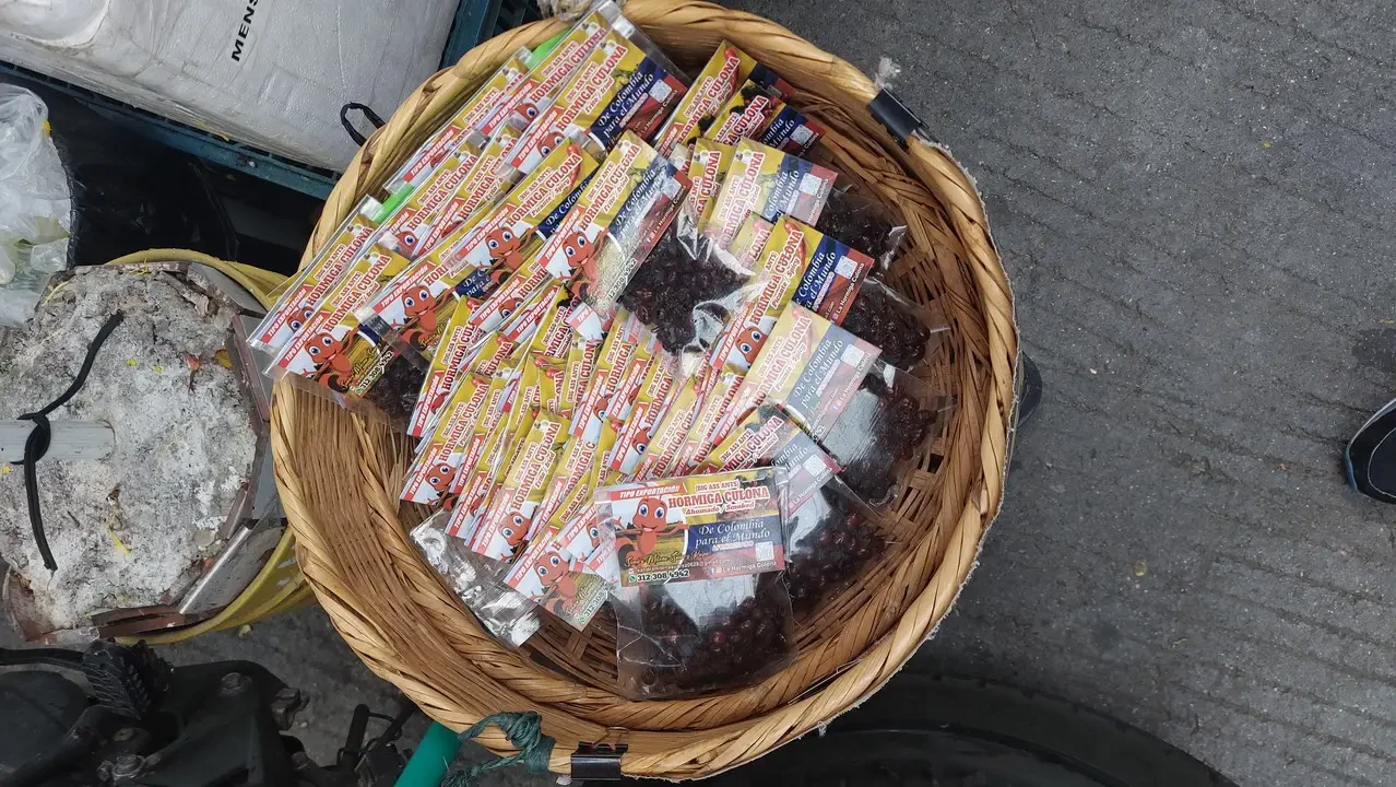 Un cesto di vimini pieno di pacchi di cibo è disposto all'aperto.