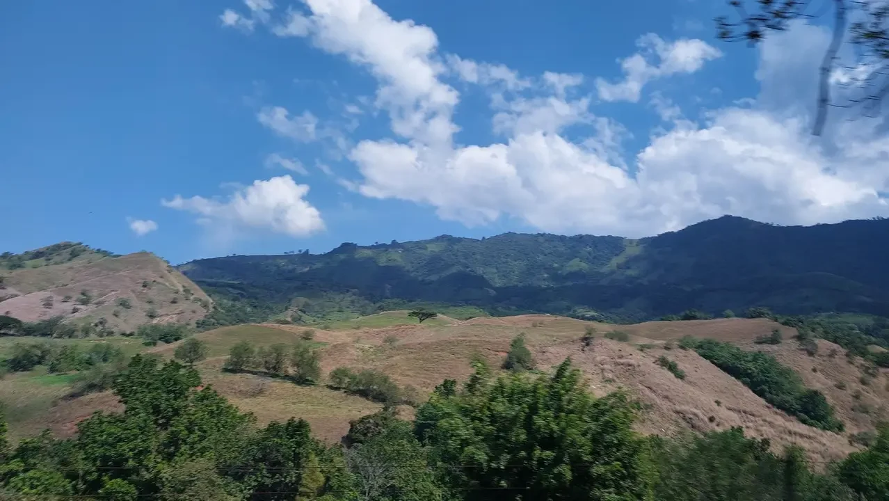 Paesaggio collinare verdeggiante con nuvole bianche nel cielo.
