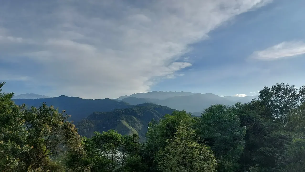 Paesaggio montano verde coperto da nebbia e nuvole basse.
