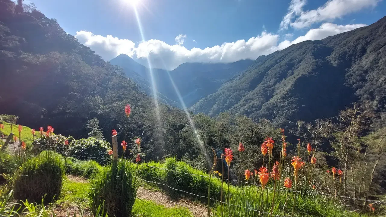 Paesaggio montano lussureggiante con luce solare che filtra attraverso le nuvole.