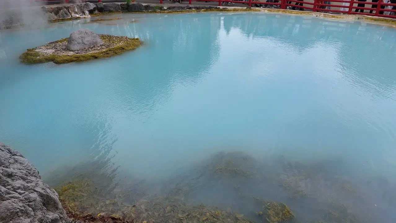 Una pozza d'acqua turchese con vegetazione galleggiante in un paesaggio naturale giapponese.