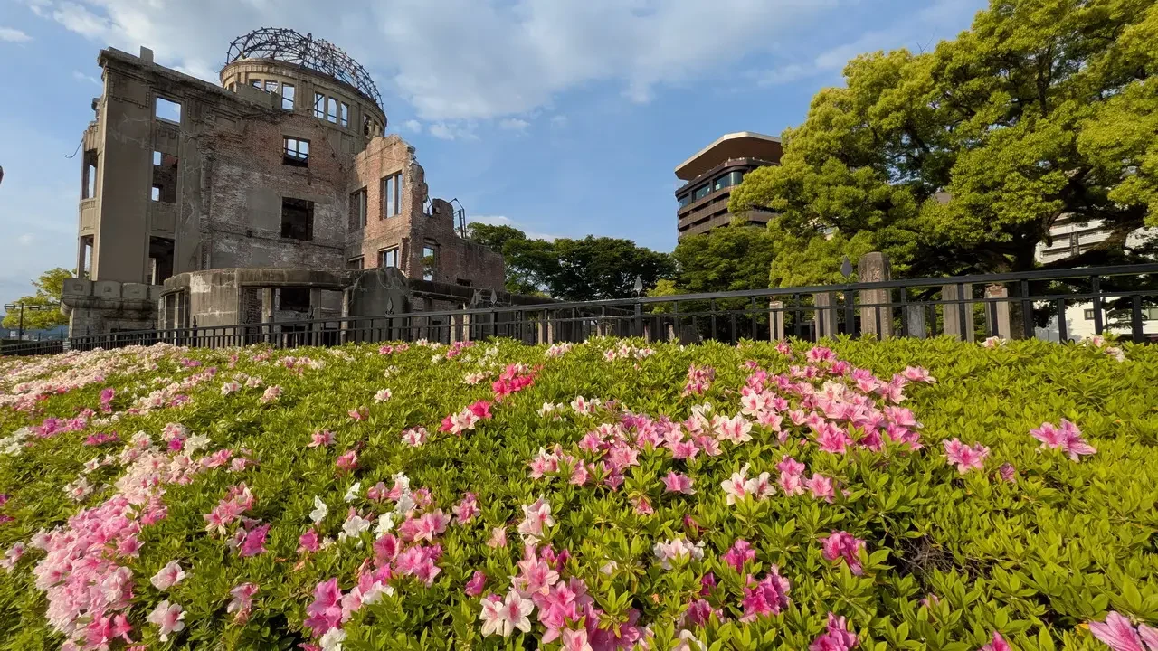 Il Memoriale della Pace di Hiroshima è circondato da fiori rosa e verdi in un bellissimo giardino esterno.