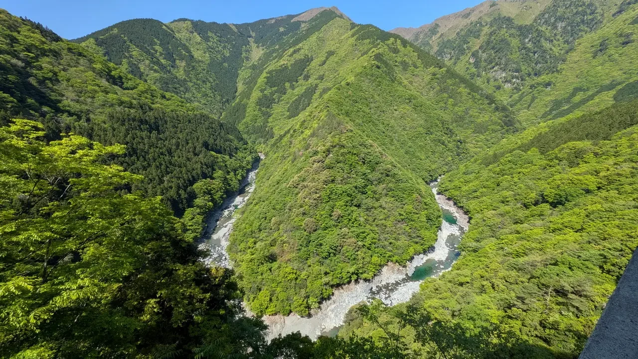 Una profonda valle verde e boscosa con un fiume che scorre tra le montagne giapponesi.
