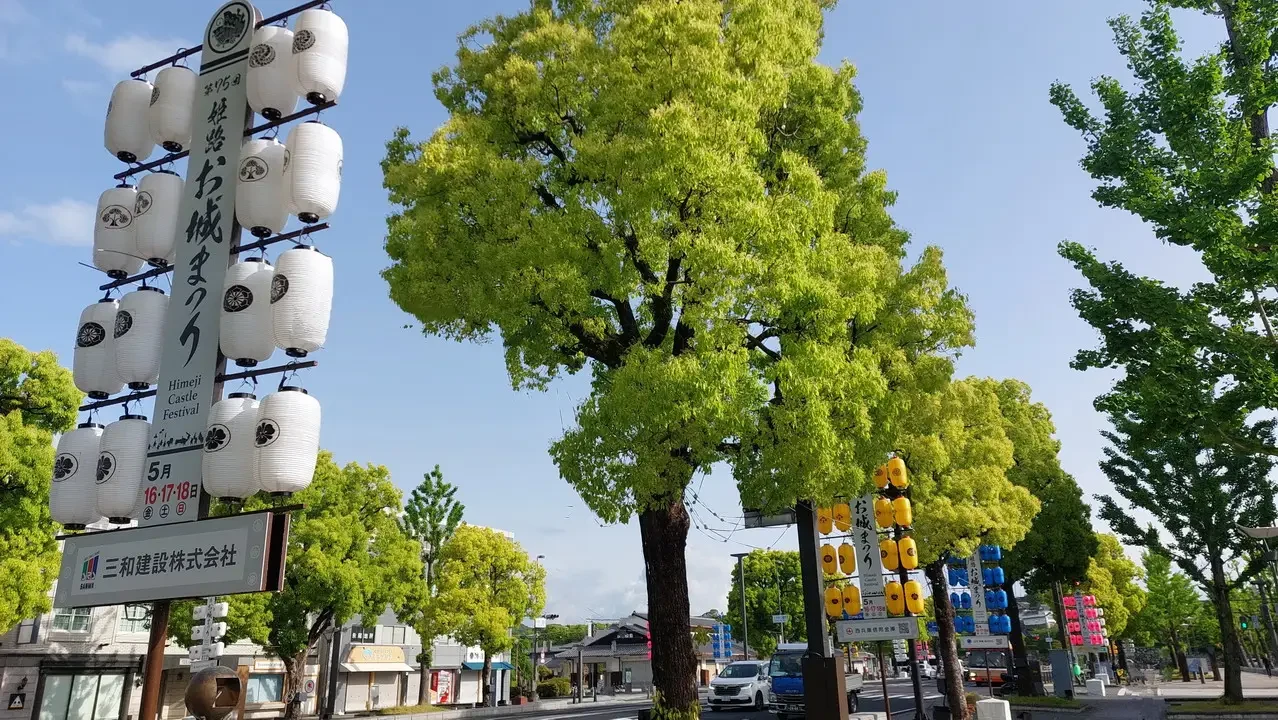 Una fila di torii bianchi decorativi si estende lungo una strada alberata in Giappone.