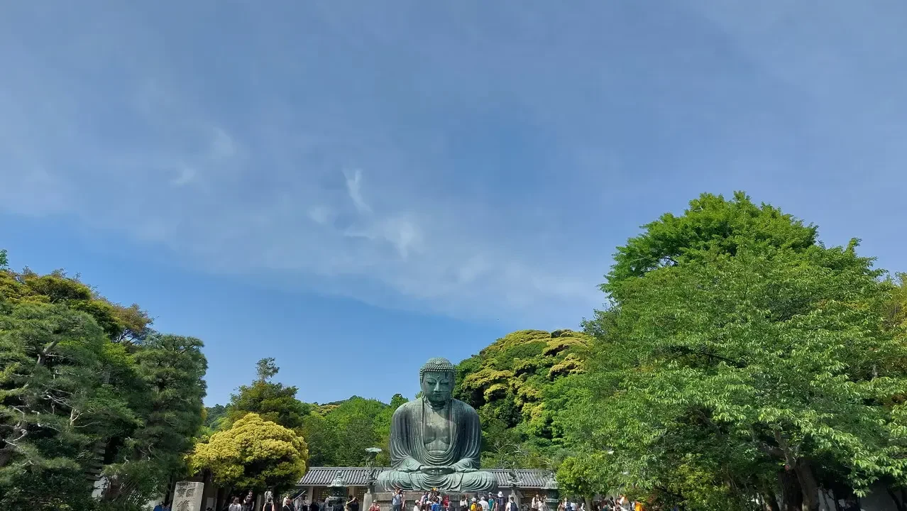 Il grande Buddha di Kamakura Daibutsu è visibile con un cielo azzurro sopra i templi e gli alberi.