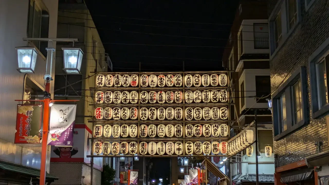 Una fila di insegne tradizionali illuminate si estende lungo un vicolo giapponese.
