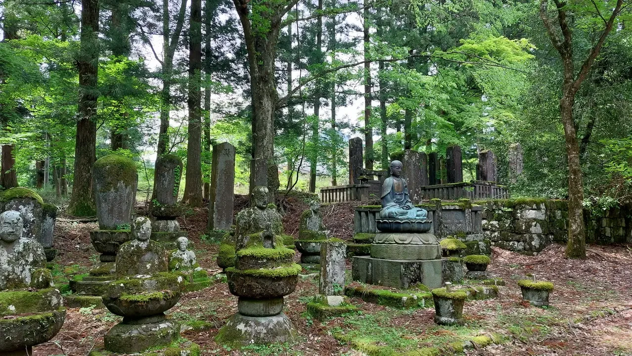 Cimitero antico di Nikko con tombe in pietra e vegetazione lussureggiante.