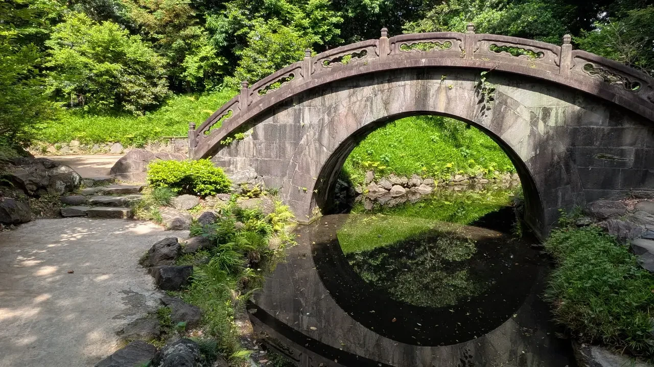 Un antico ponte in pietra attraversa un ruscello circondato da una lussureggiante vegetazione verde.