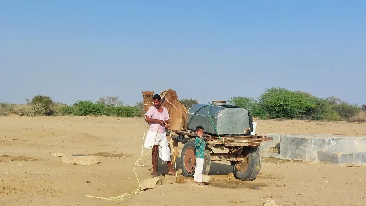Un uomo e un asino sono in piedi accanto a un carro in un deserto indiano.