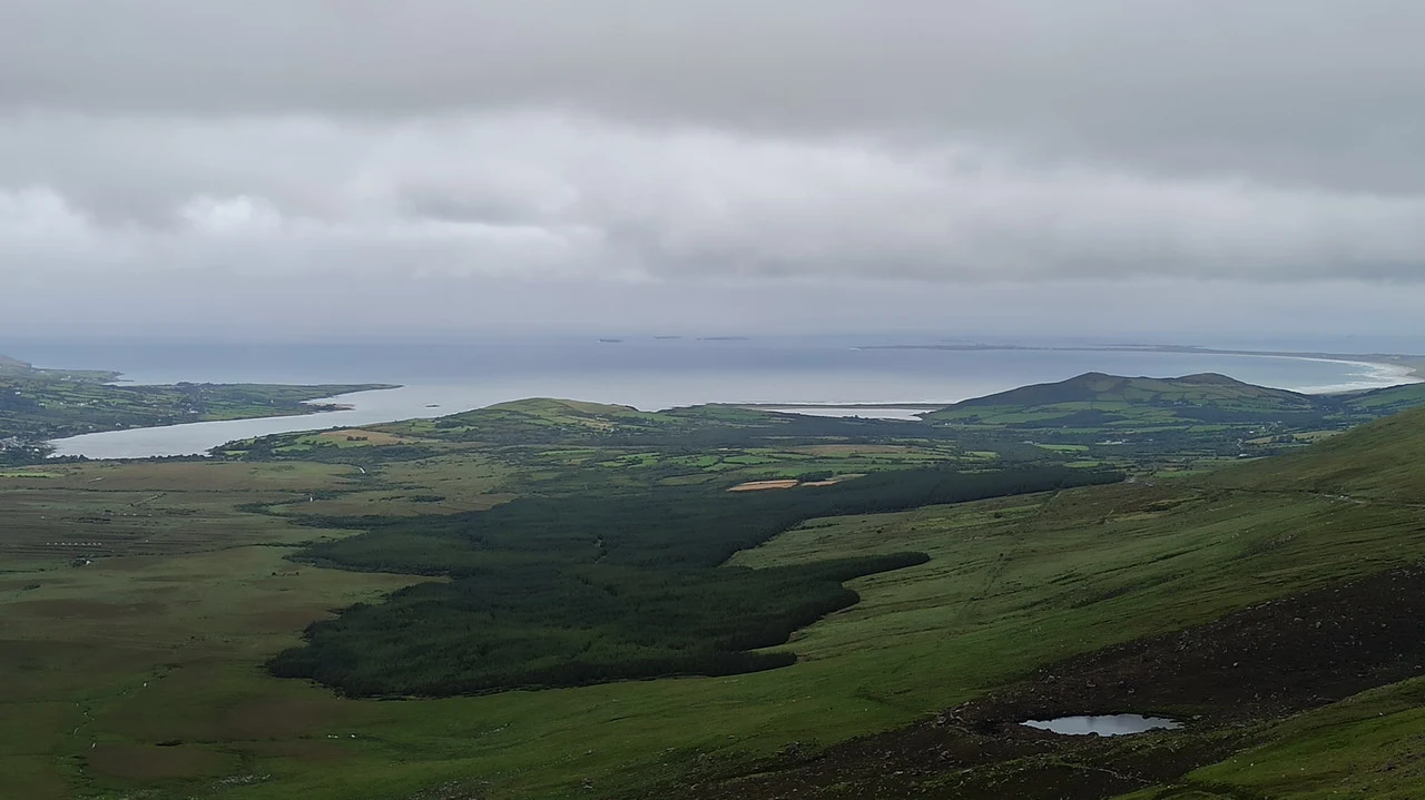 Paesaggio panoramico dell'Irlanda con colline verdi e acqua sotto un cielo nuvoloso.