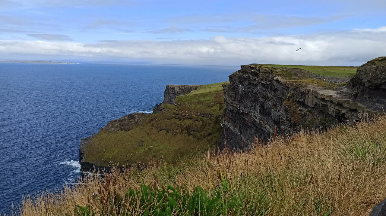 The Cliffs of Moher in Ireland stretch along the rocky coast under a cloudy sky.