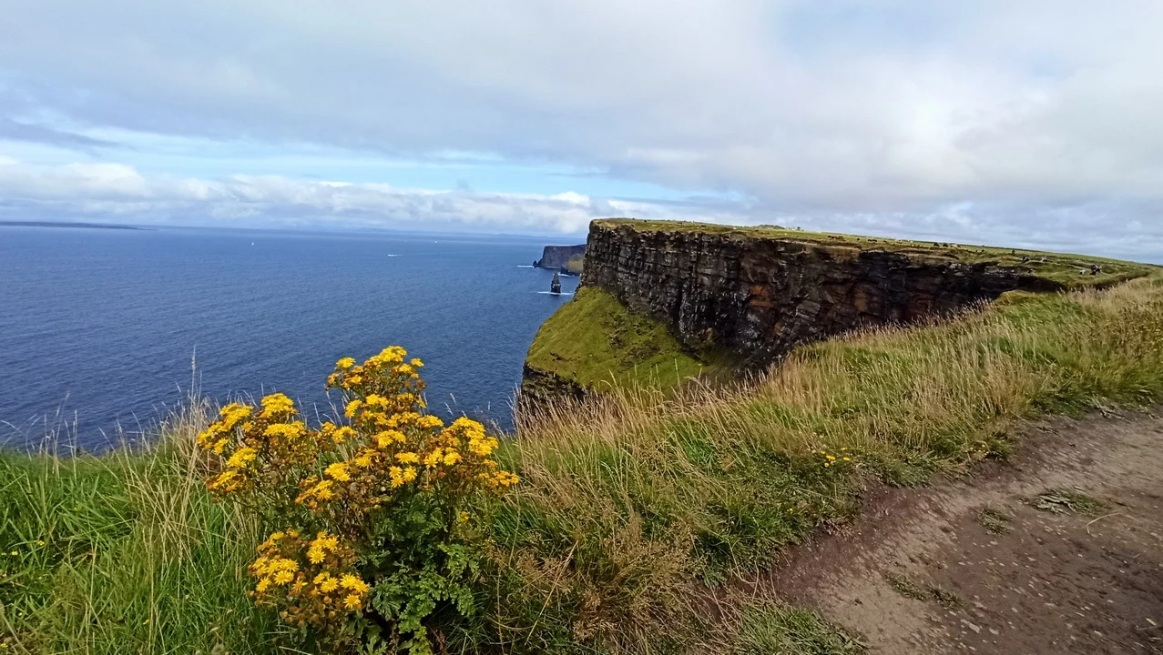 Le scogliere di Moher si estendono lungo la costa irlandese sotto un cielo nuvoloso.