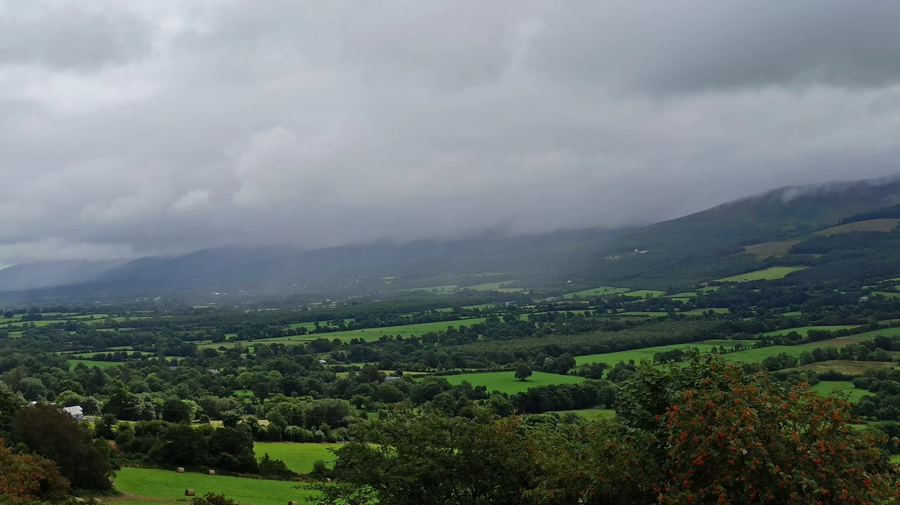 Paesaggio verde e ondulato coperto da nebbia in Irlanda.