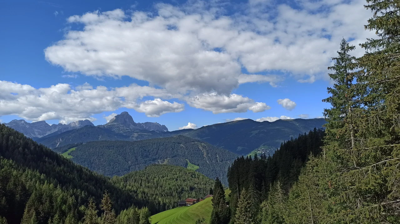 Cavalieri attraversano le Alpi italiane in una valle boscosa.