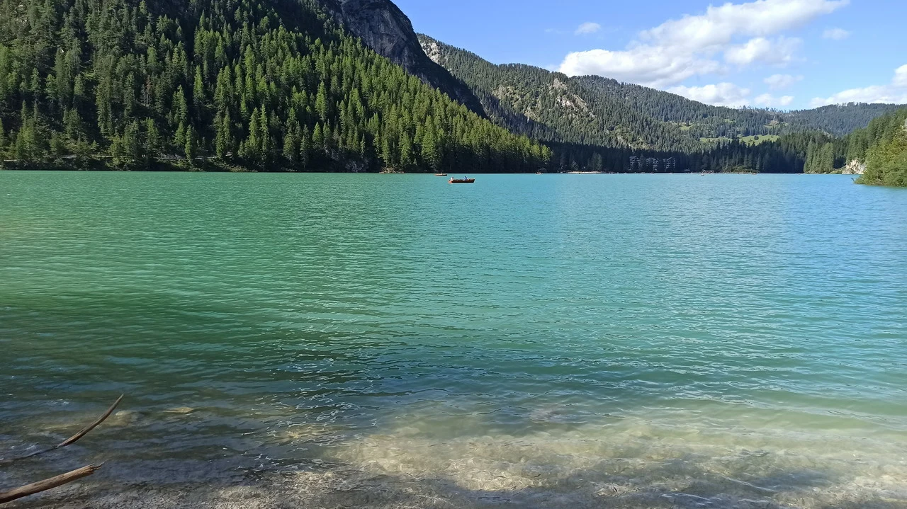 Un lago alpino cristallino circondato da montagne boscose e foreste verdi.