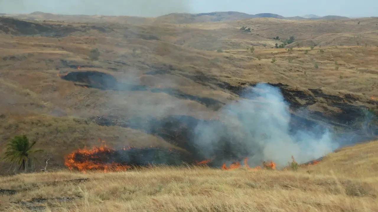 Paesaggio arido della savana con aree di fuoco visibili in Madagascar.