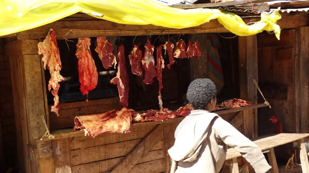 Pezzi di carne appesi su una struttura di legno in un ambiente rustico.