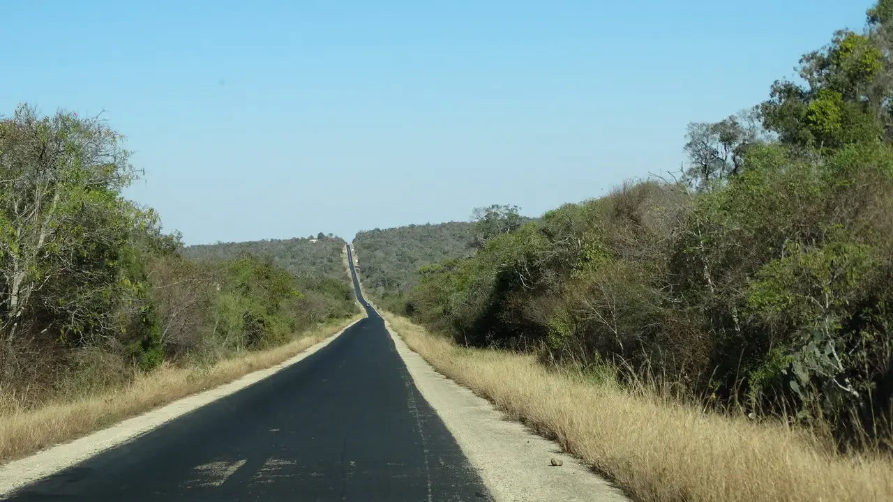 A single paved road stretches through a dry, bushy landscape in Madagascar.