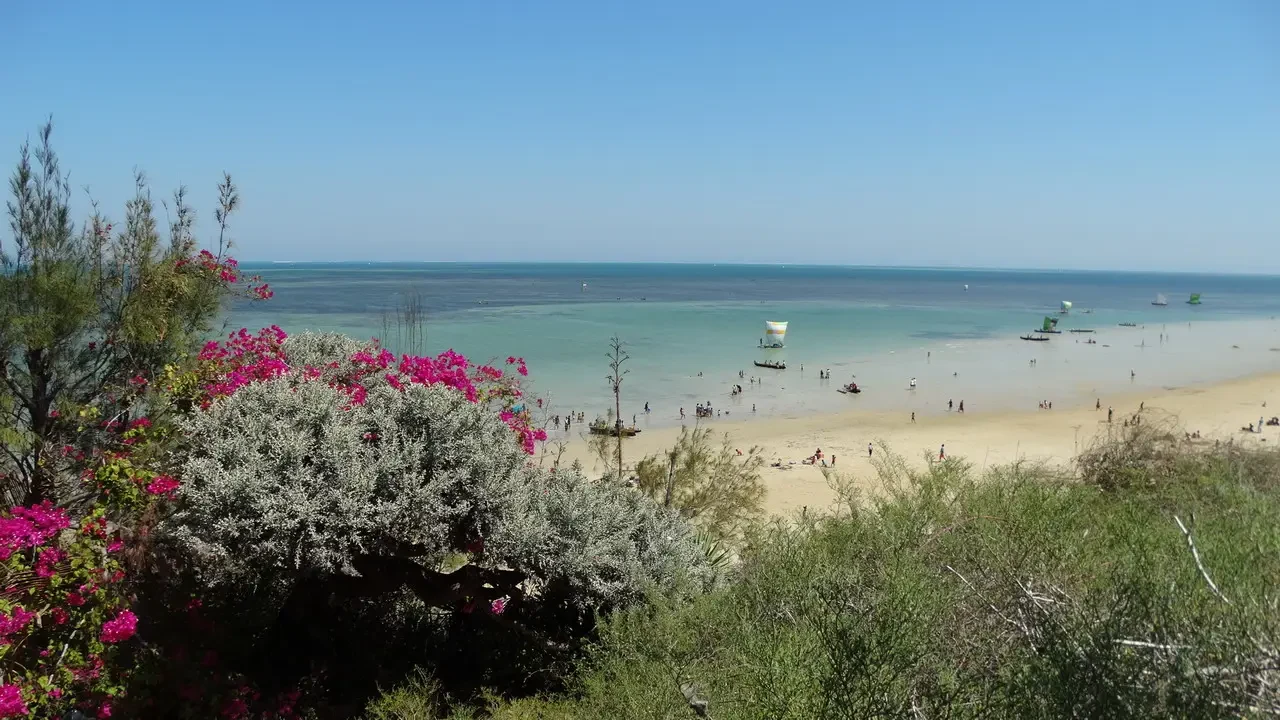Una spiaggia tranquilla con acqua turchese e persone che si godono il mare.
