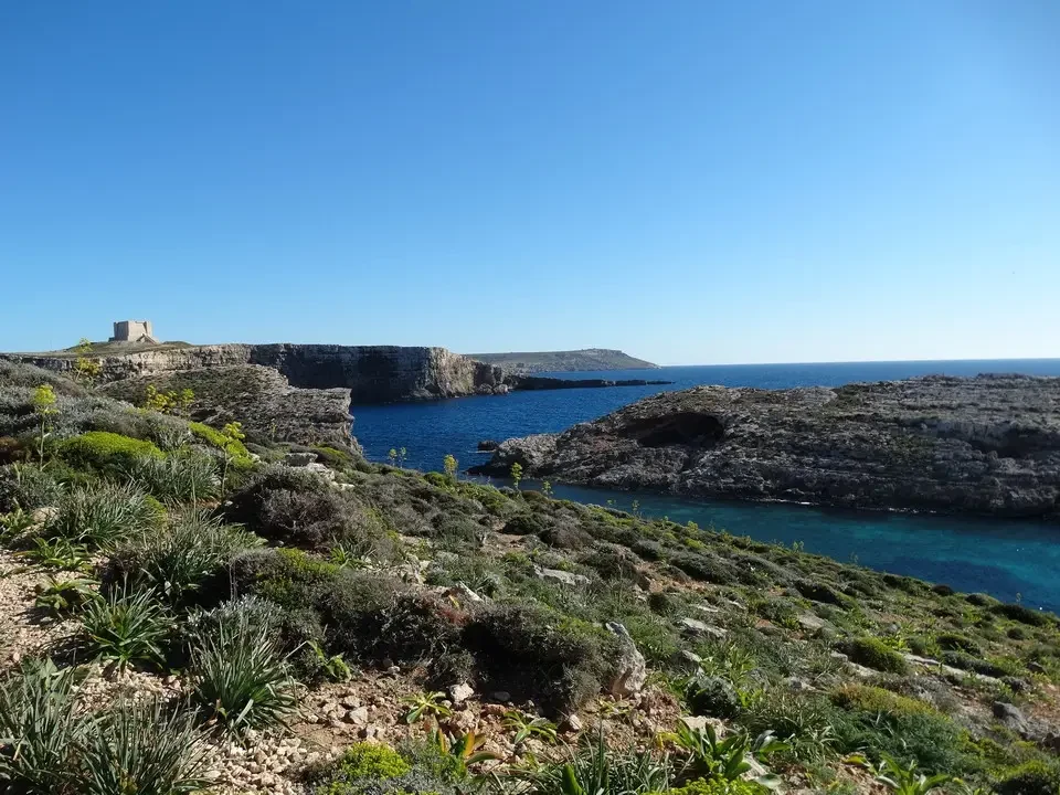Paesaggio costiero di Malta con acque turchesi e scogliere rocciose.