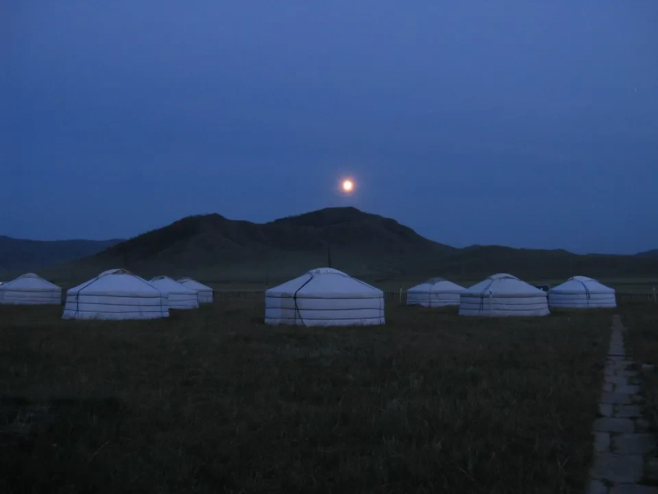 Tende bianche sono allestite in un campo aperto sotto il cielo notturno della Mongolia.