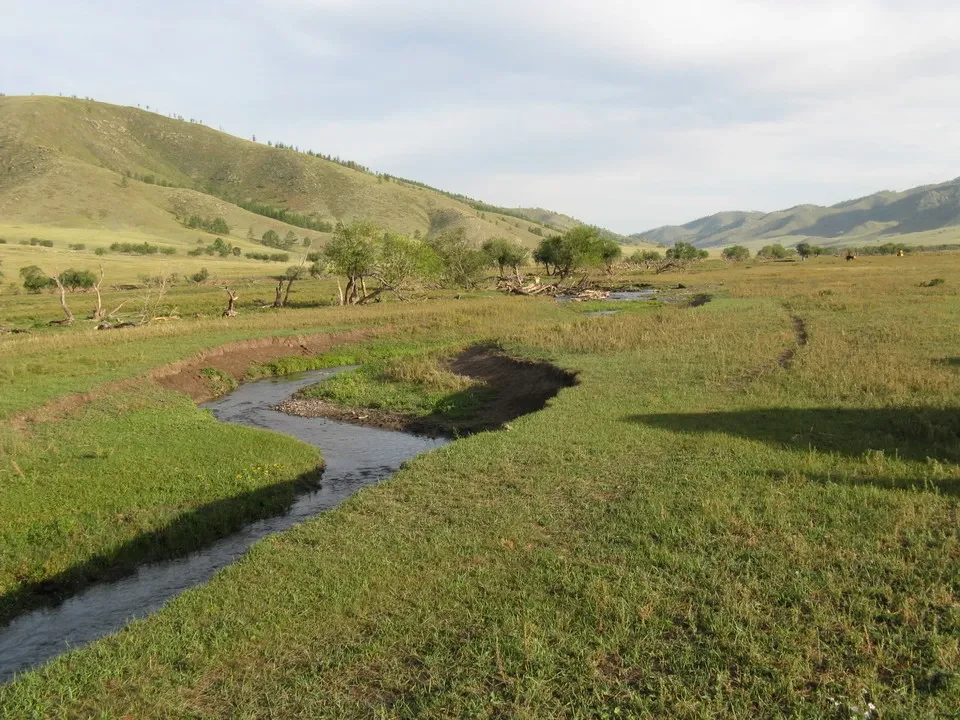 Un fiume scorre attraverso un paesaggio ondulato in Mongolia.