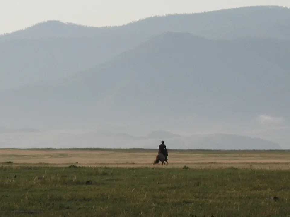 Un cavaliere e un animale attraversano una pianura erbosa con montagne lontane in Mongolia.