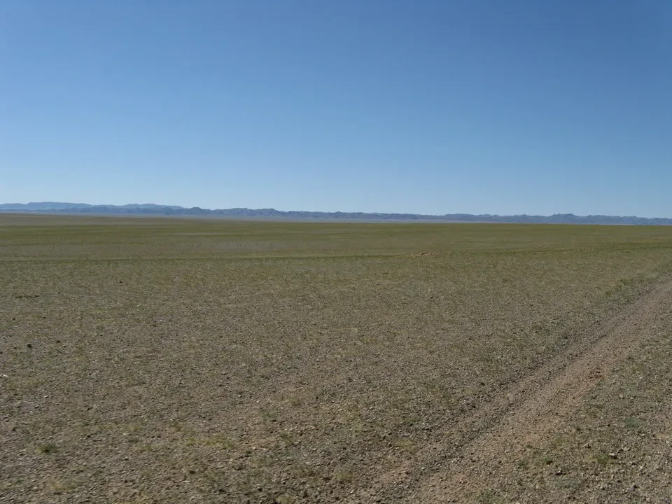 Un vasto campo aperto si estende sotto un cielo sereno in Mongolia.