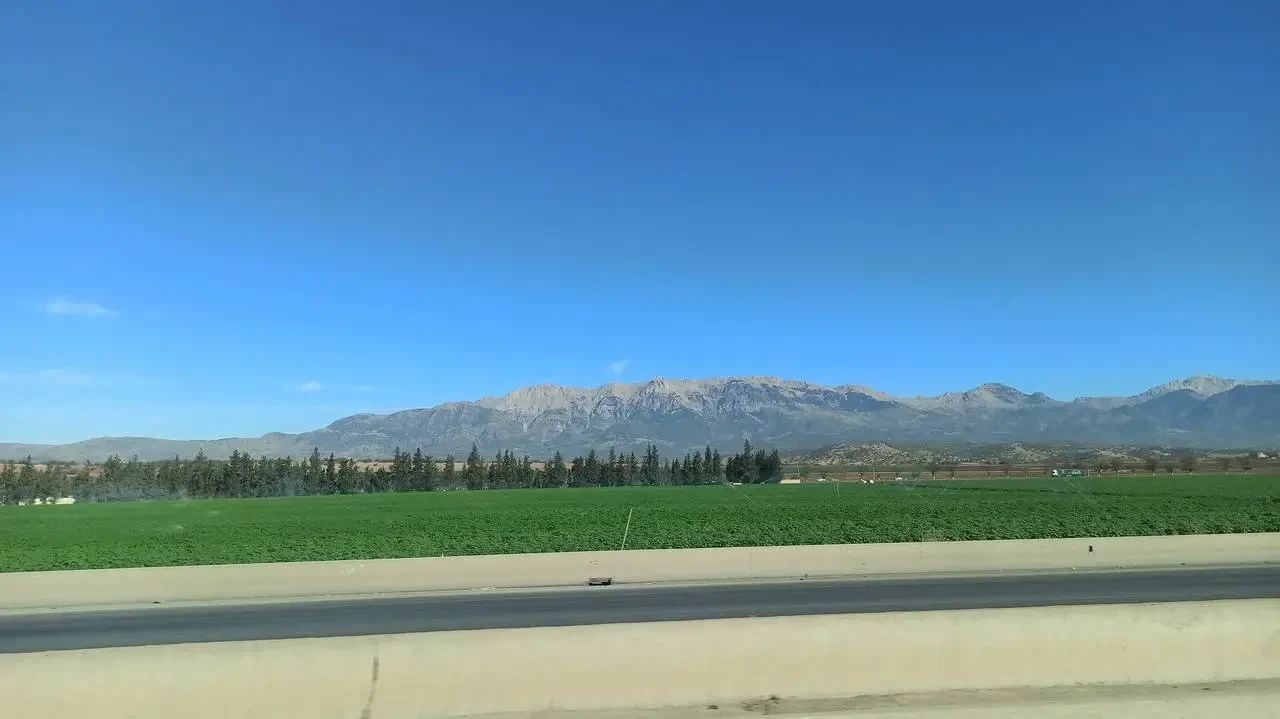 Paesaggio rurale con montagne sullo sfondo sotto un cielo azzurro.