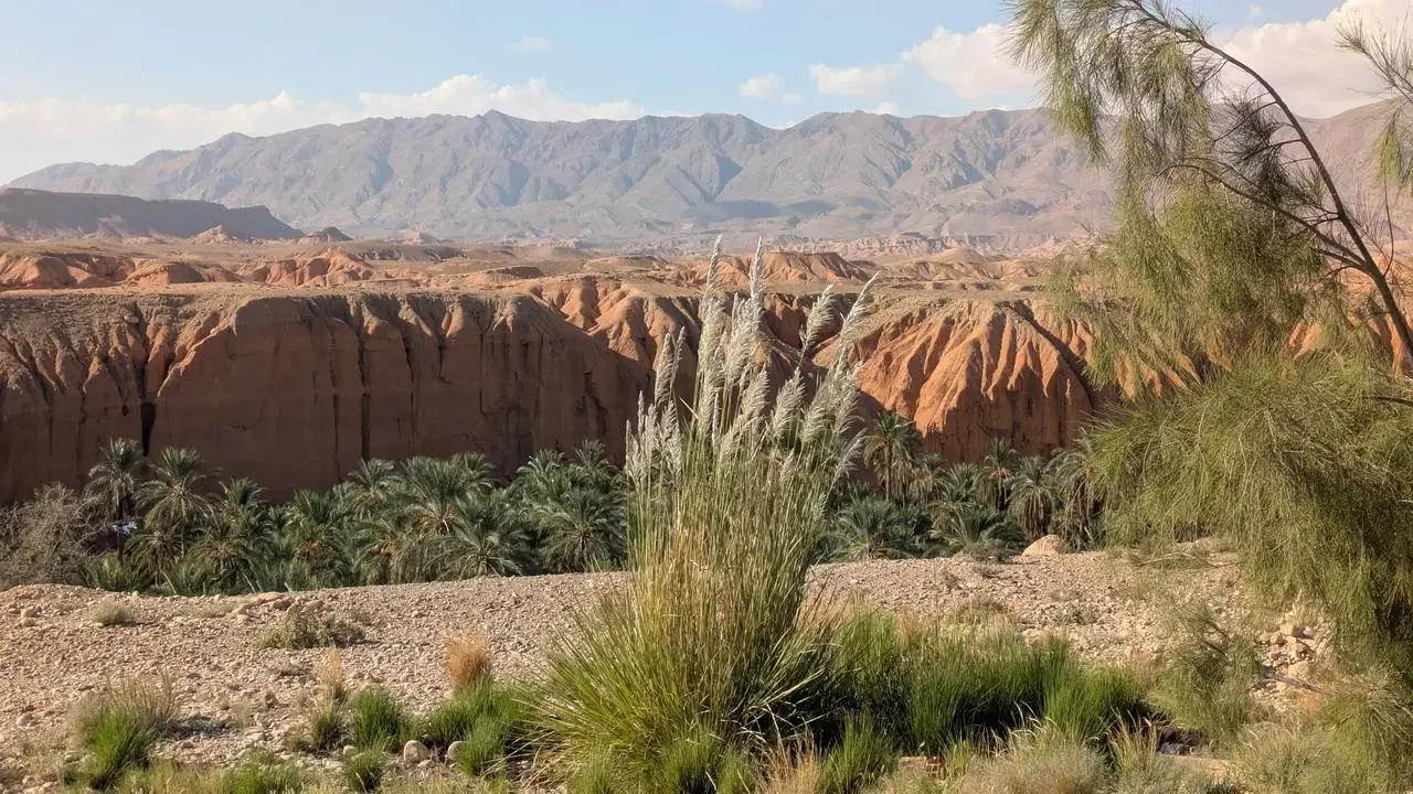 Vista del paesaggio arido algerino con formazioni rocciose rossastre.