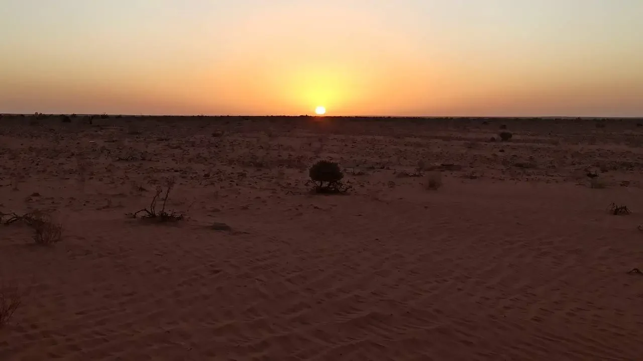 Alba nel deserto algerino con il sole che sorge sull'orizzonte.