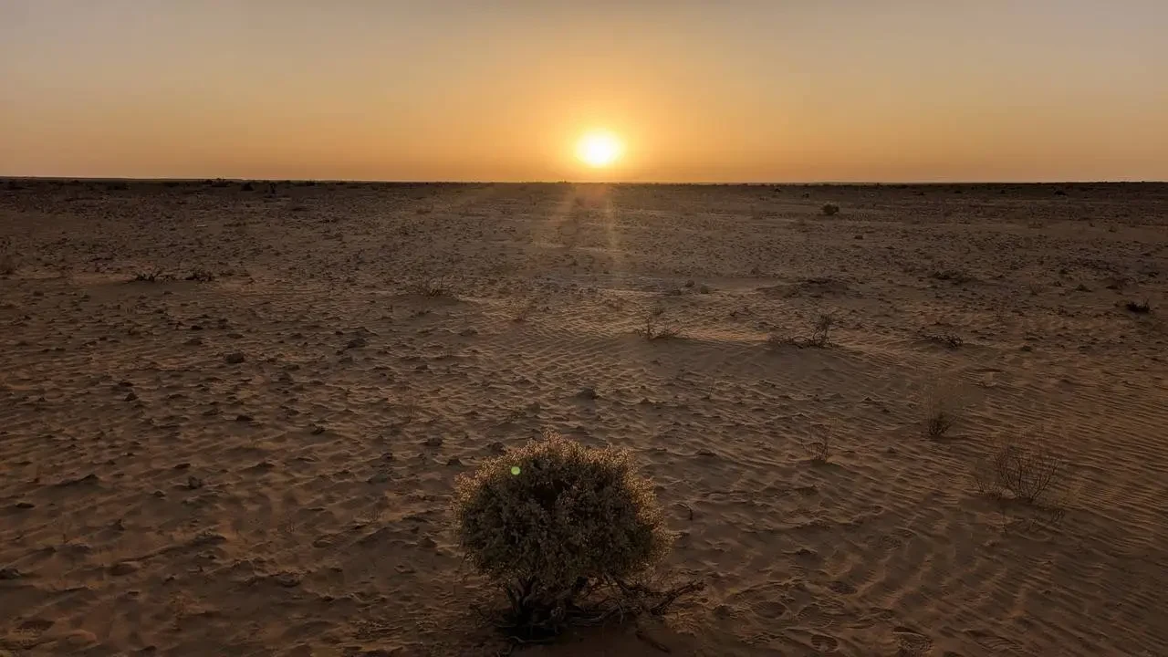 Alba su una vasta e arida pianura del deserto algerino.