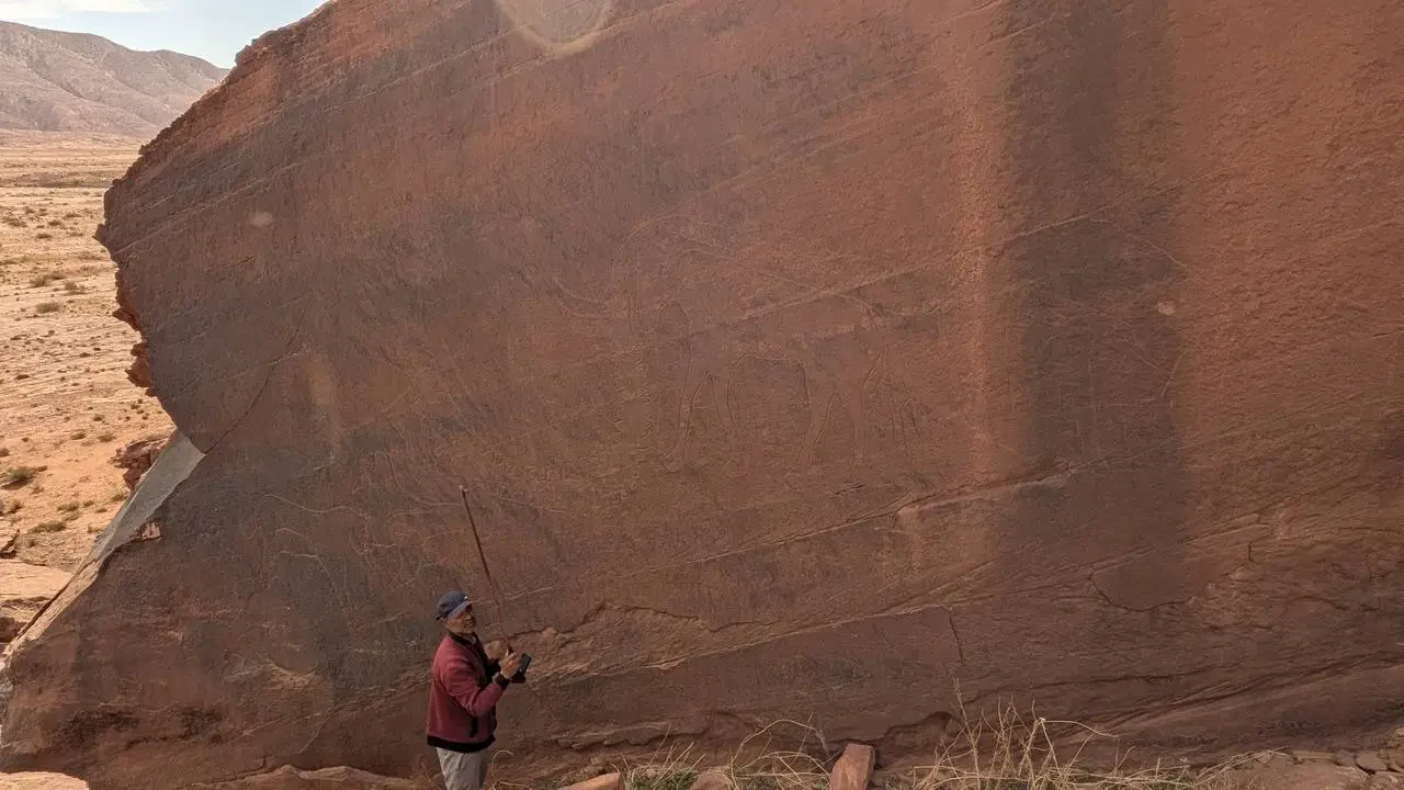 Un uomo guarda una grande parete rocciosa nel deserto algerino.