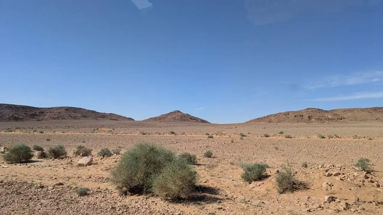 Paesaggio desertico in Algeria con colline ondulate sotto un cielo azzurro.