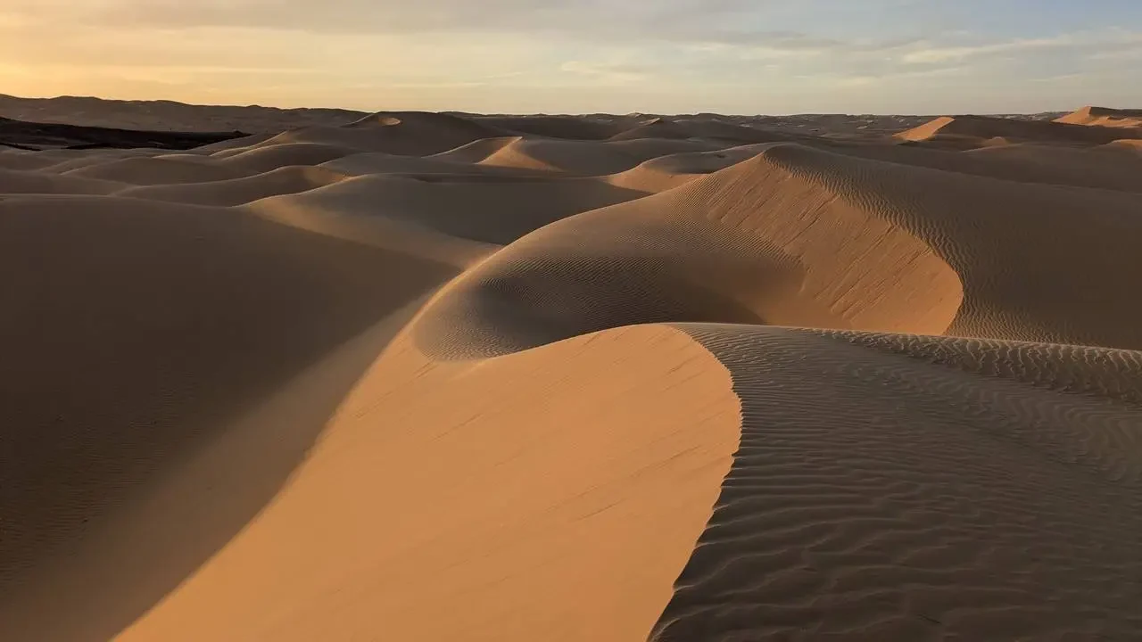 Dune dorate si estendono sotto un cielo al tramonto nell'Algeria.