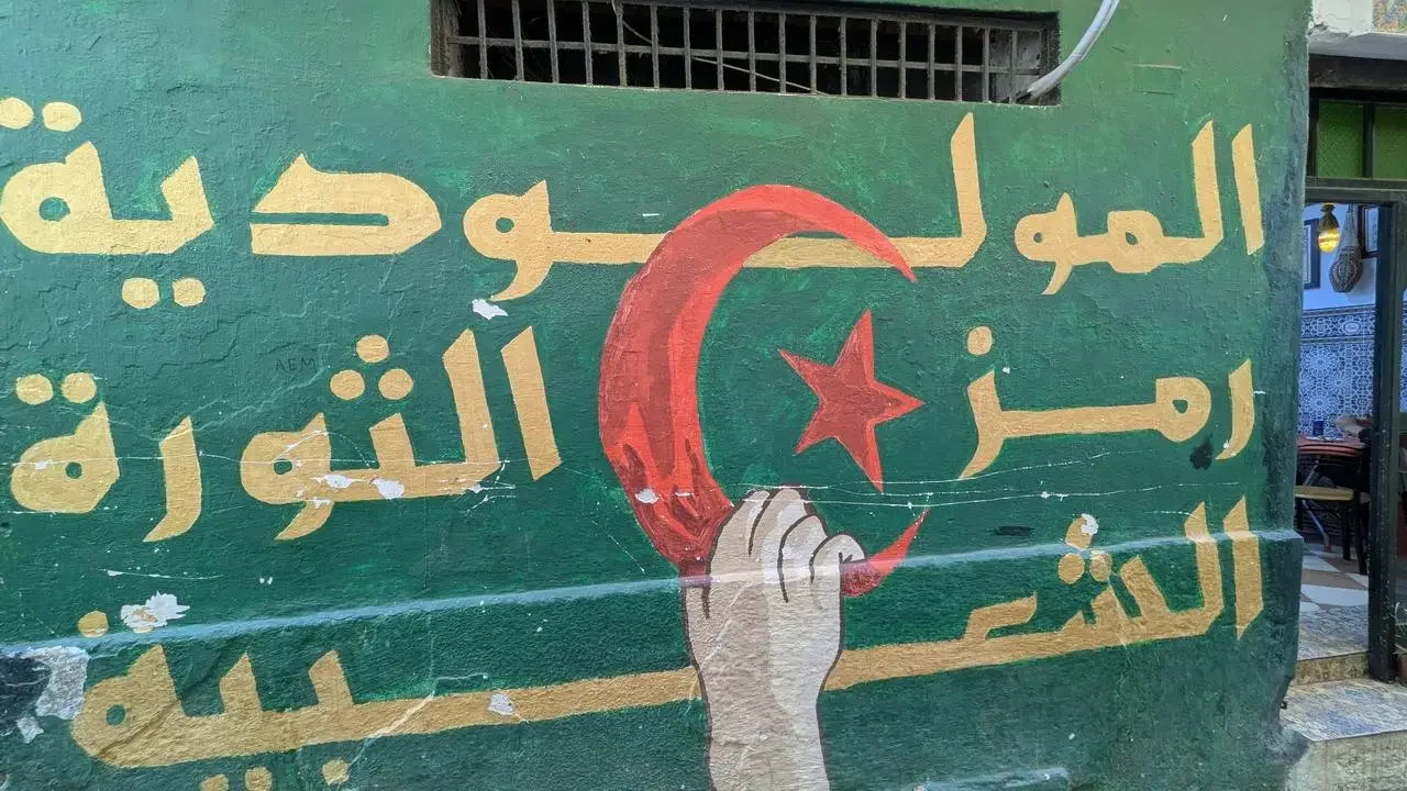 Mural painting of the flag of Algeria on a building wall in Algiers.