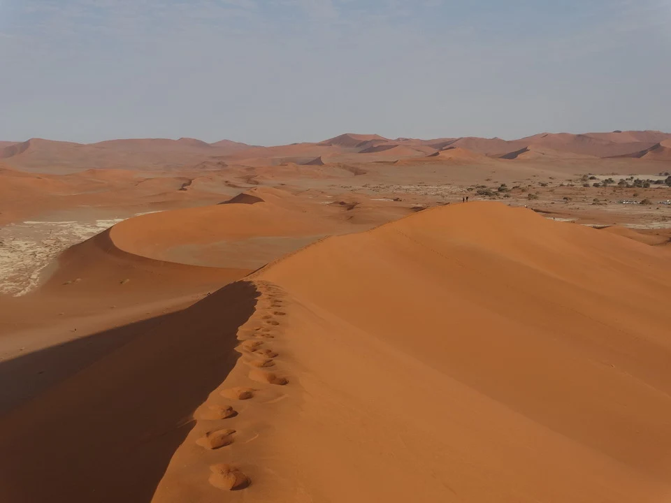 Dune aride nel deserto del Namib con ombre lunghe proiettate dalla luce del sole.