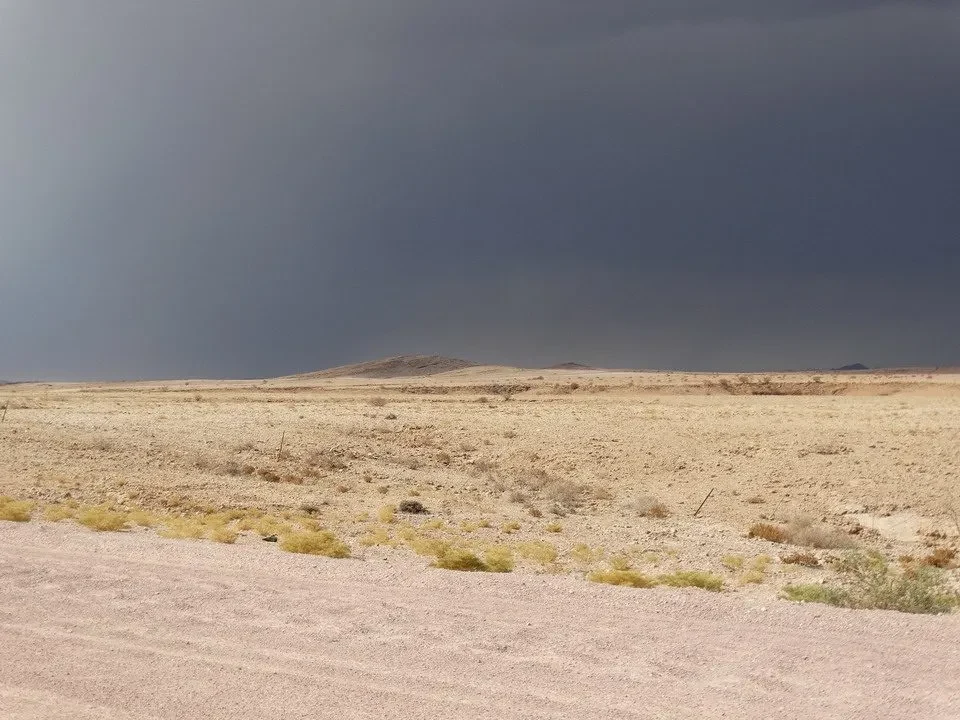 Paesaggio arido del deserto con un cielo coperto sopra una terra ondulata.